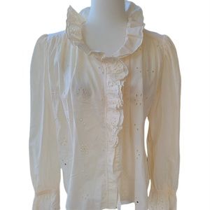 Perfee Pom Pom Detail Openwork Flounce Sleeve Blouse